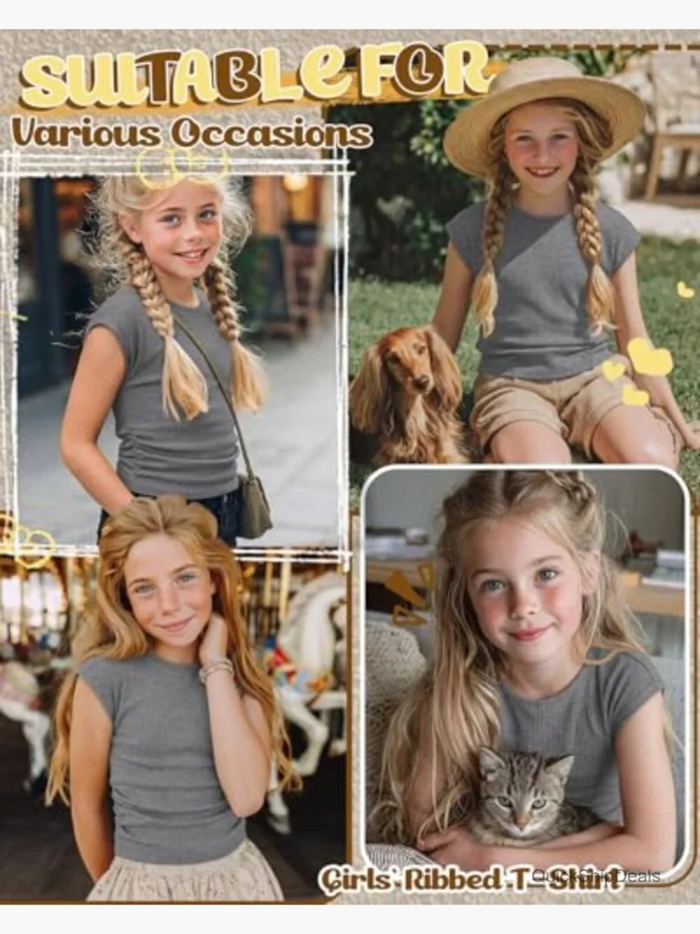 Girls Cap Sleeve Ribbed Knit Ruched Tops Casual Slim Fit Tees 5-14